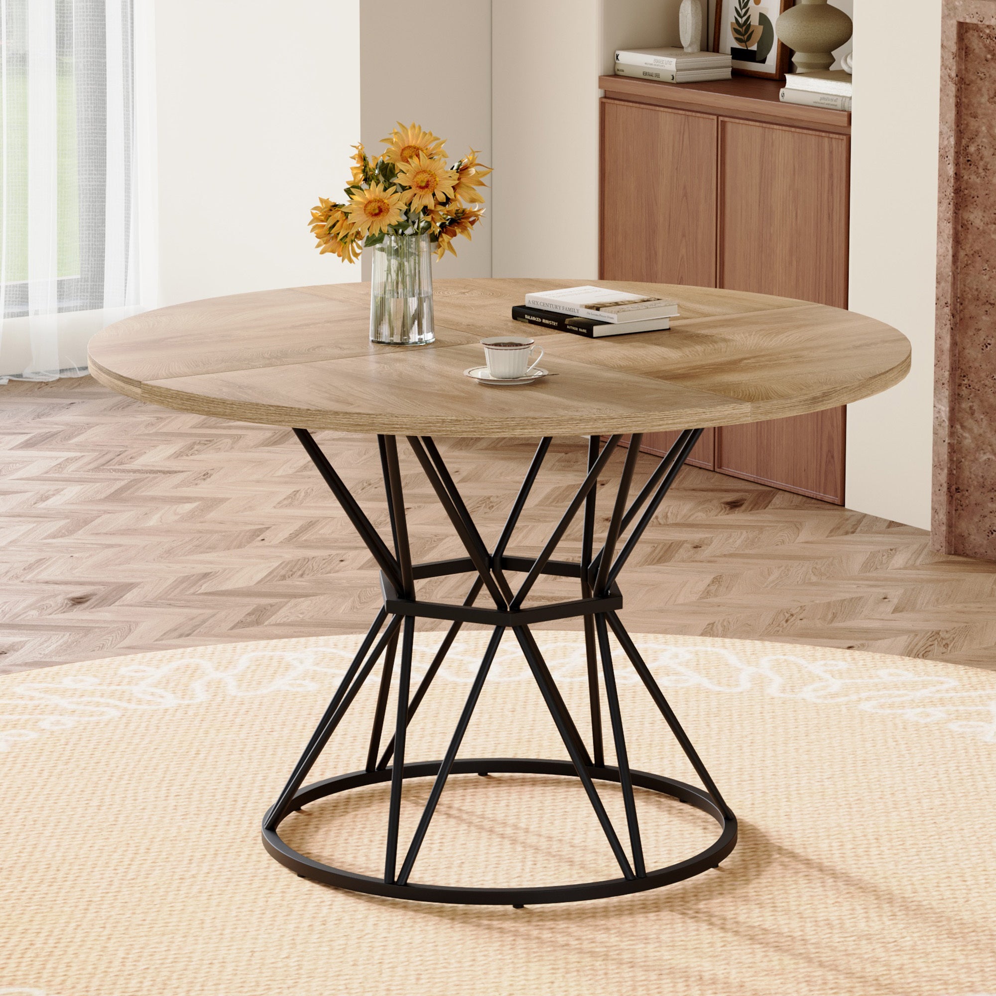 A circular dining table with a diameter of 47.3 inches, featuring 4 light wood grain MDF tabletops, black hourglass shaped metal brackets, and a modern industrial style dining table for 4-6 people.