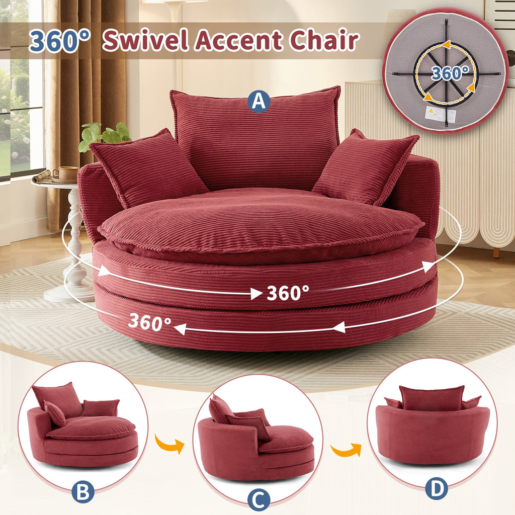 Corduroy Swivel Barrel Chair — 360° with Removable Pillows