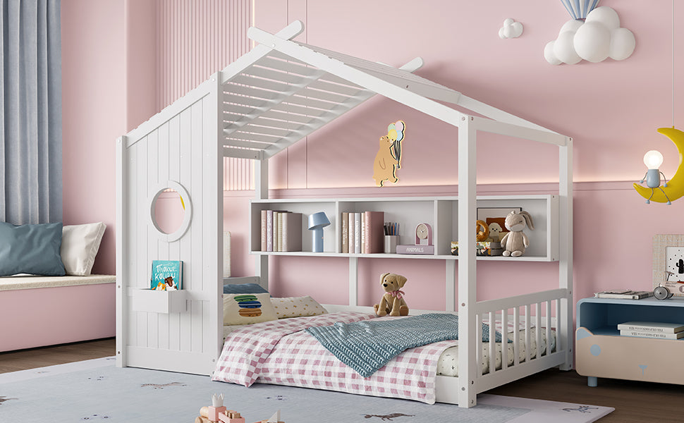 Twin Size Floor House Bed for Toddler, Kids Montessori Bed with Storage Shelf, Playhouse Bed with Roof Design, Gray
