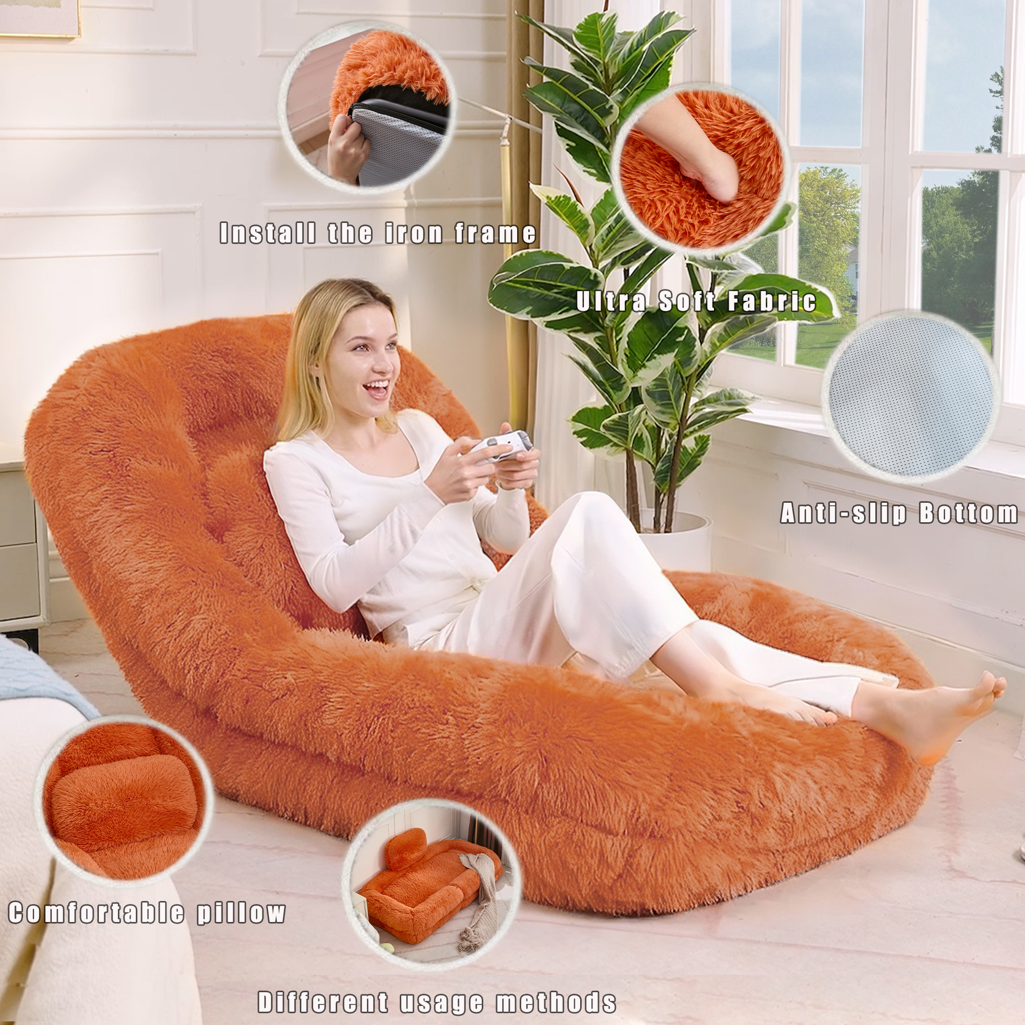 Human dog bed non-slip base and metal frame detail