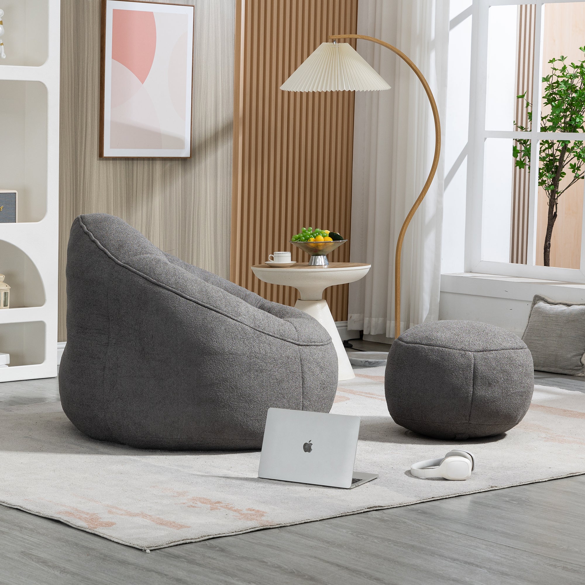 Grey bean bag chair with footrest extended detail