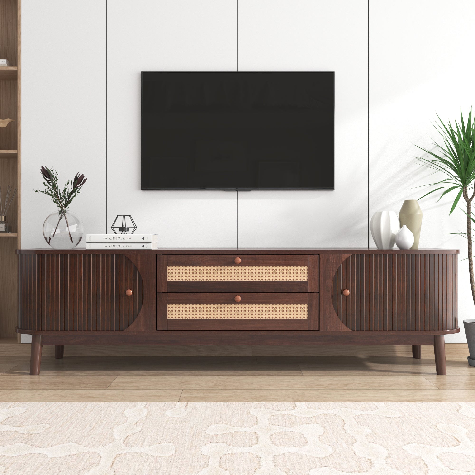 Modern Farmhouse Rattan TV Stand — for TVs Up to 75" (Natural Wood)