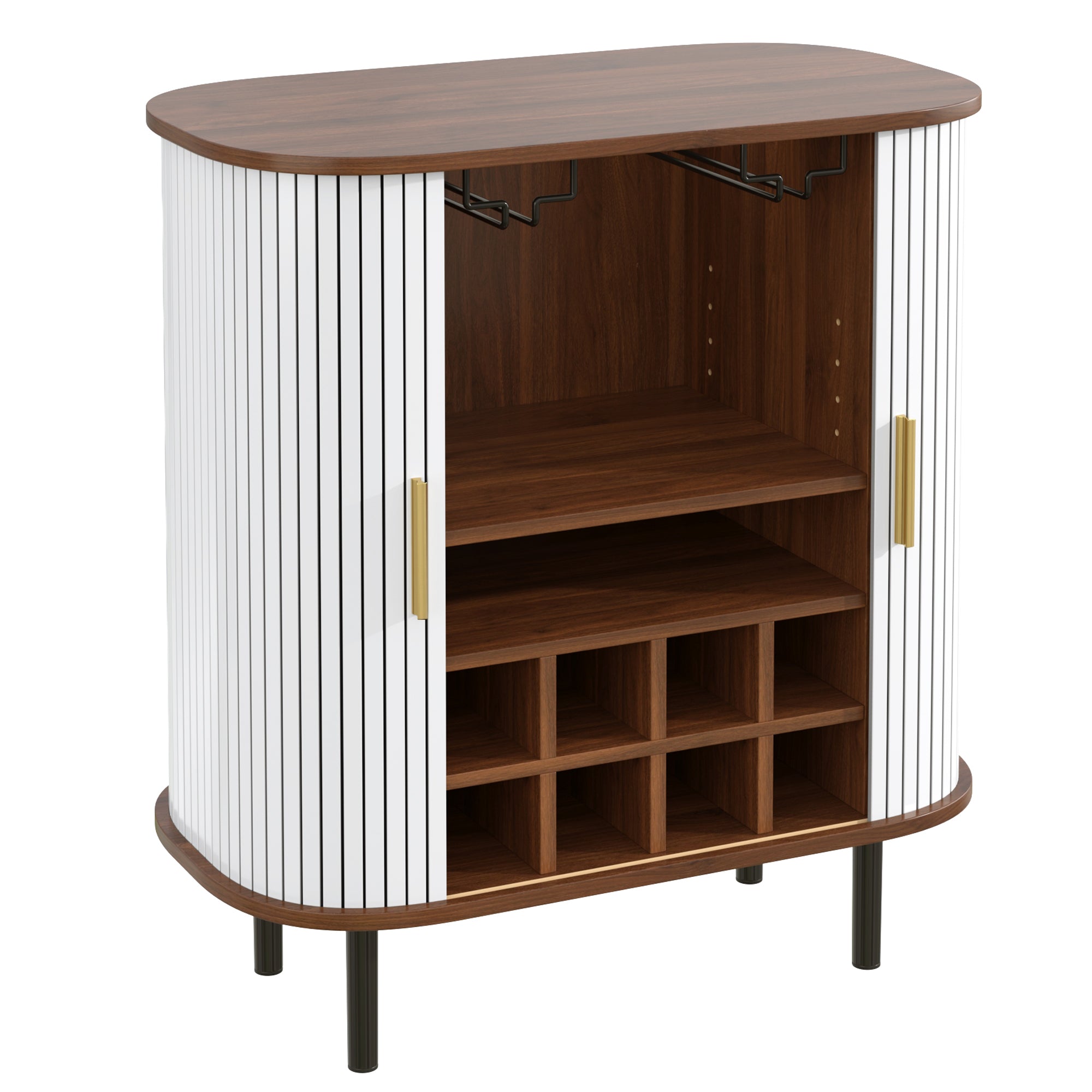 28' Fluted Wine Bar Cabinet with 8-Grid Wine Rack, 5-Level Adjustable Shelves, 2 Glass Holders, Smoothly Sliding Tambour Doors, 4 Hidden Storage Space on the Side, Modern Liquor Coffee Station, Black