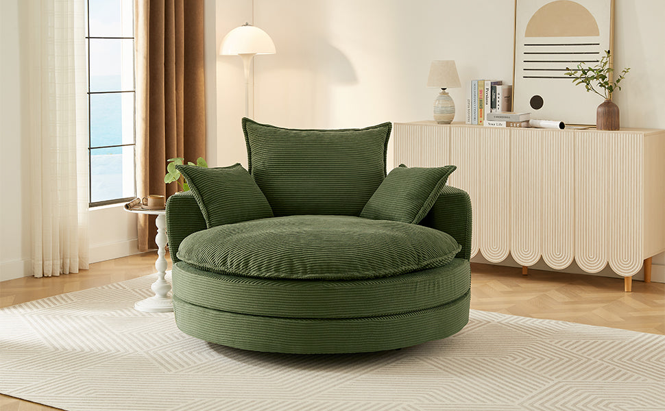 Corduroy Swivel Barrel Chair — 360° with Removable Pillows