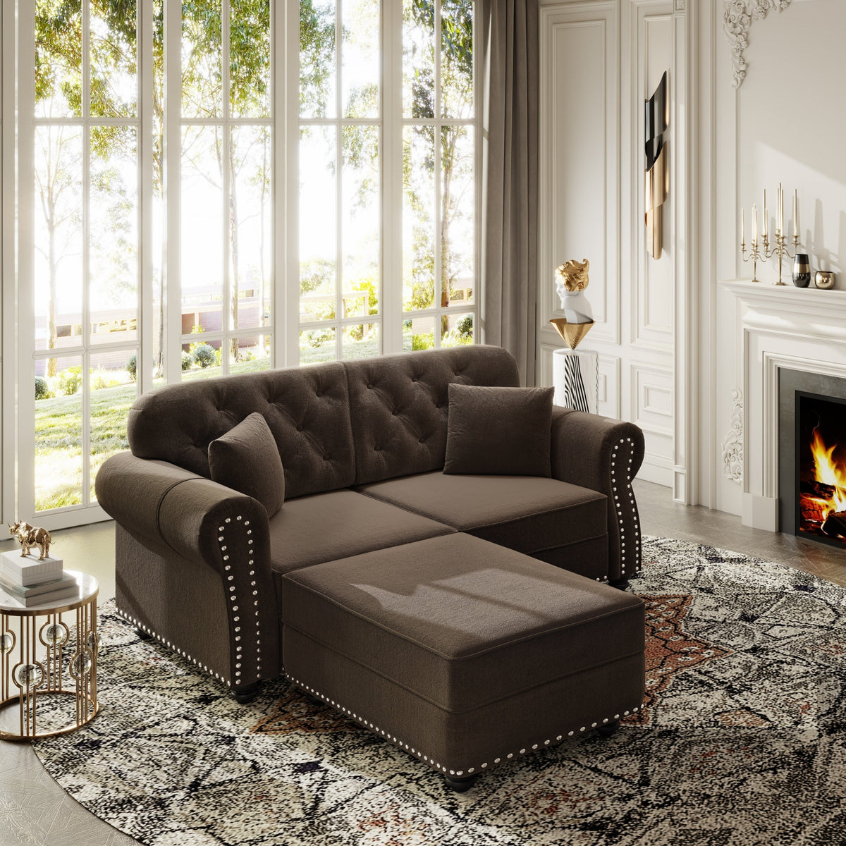 63'Upholstered Velvet Sofa with Nailhead Trim and Rolled Armrests,Mid-Century Modern Chesterfield Sofa with Button Tufted,Includes 2 Pillows,Beige/White