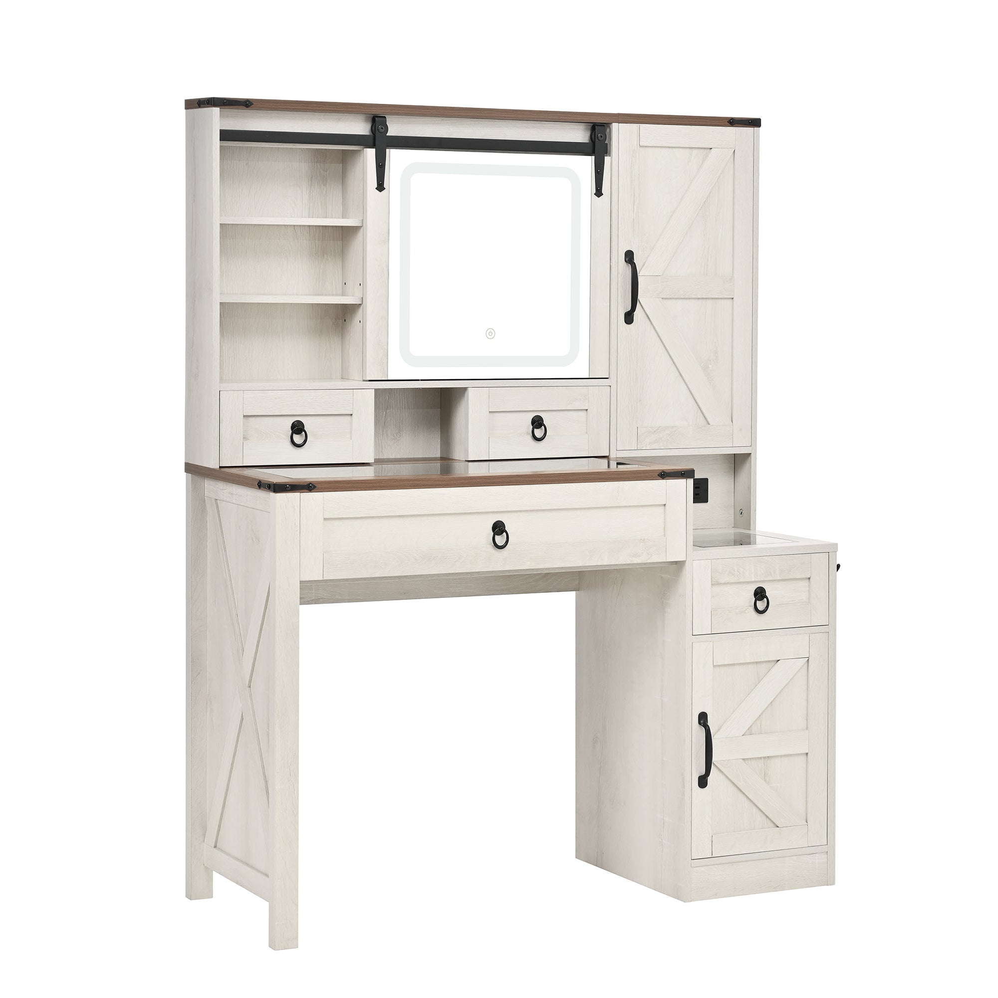Farmhouse Vanity Desk with Sliding Mirror and Lights, Vanity Set with Glass Top and Charging Station ,Dressing Table with 4 Drawers and 2 Cabinets, Dressing Table with Stool for Bedroom, Gray