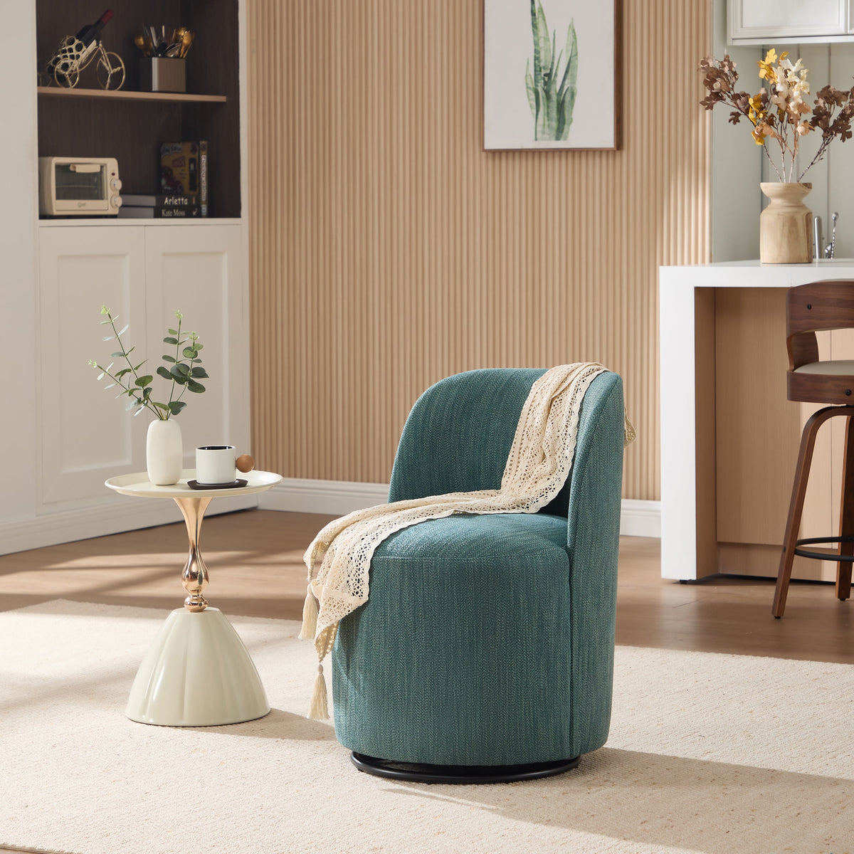 Set Of 1 Upholstered Kitchen & Dining Room Barrel Chair, Mid Century Modern Round Linen Dining Chair, 360 Degree Swivel Comfy Armless Accent Makeup Vanity Side Chair for Bedroom Living Room