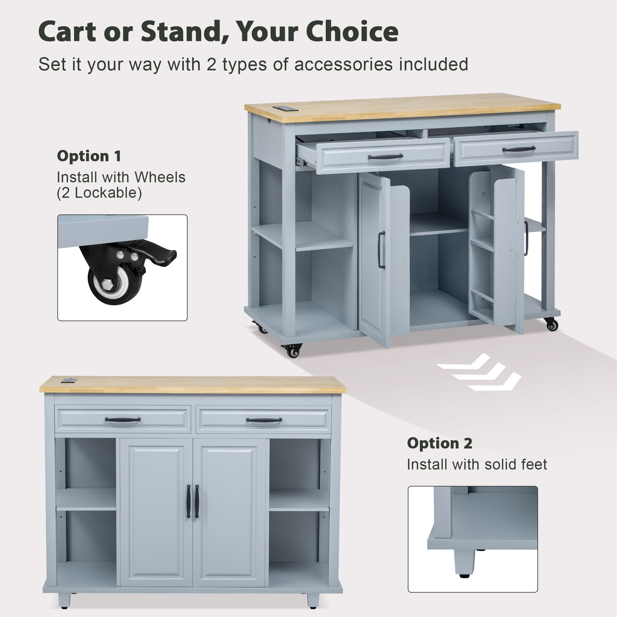 K&K 47 inch Kitchen Island with Extendable Dining Table, Rubber Wood Veneer Kitchen Table with Internal Storage Rack, Power Outlet, Kitchen island with Storage 2 Drawers 2 Cabinet, Black