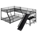 Black L-shaped twin over full bunk bed with twin loft desk and slide — front view