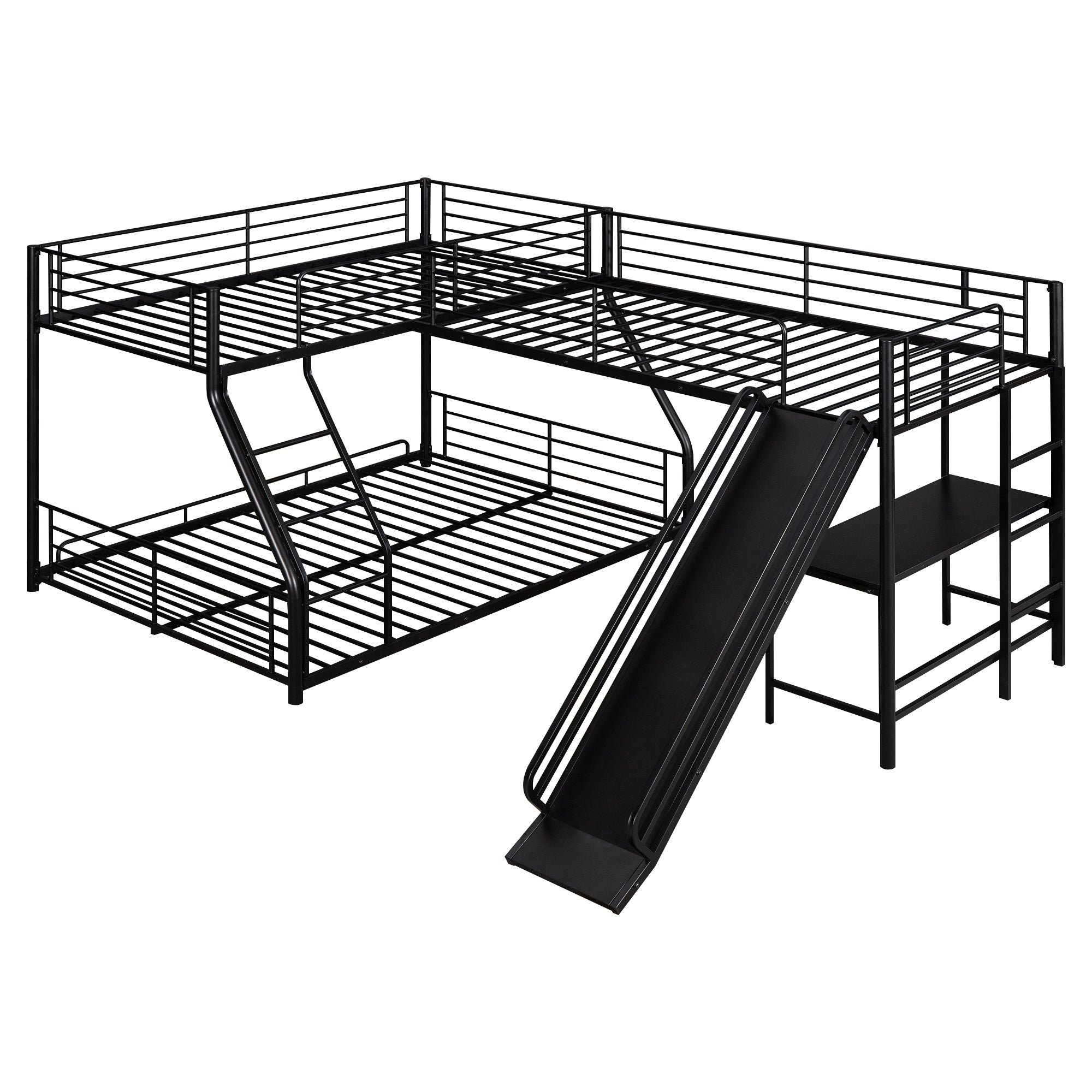 Black L-Shaped Twin over Full Bunk Bed with Twin Loft, Desk & Slide — Metal & MDF