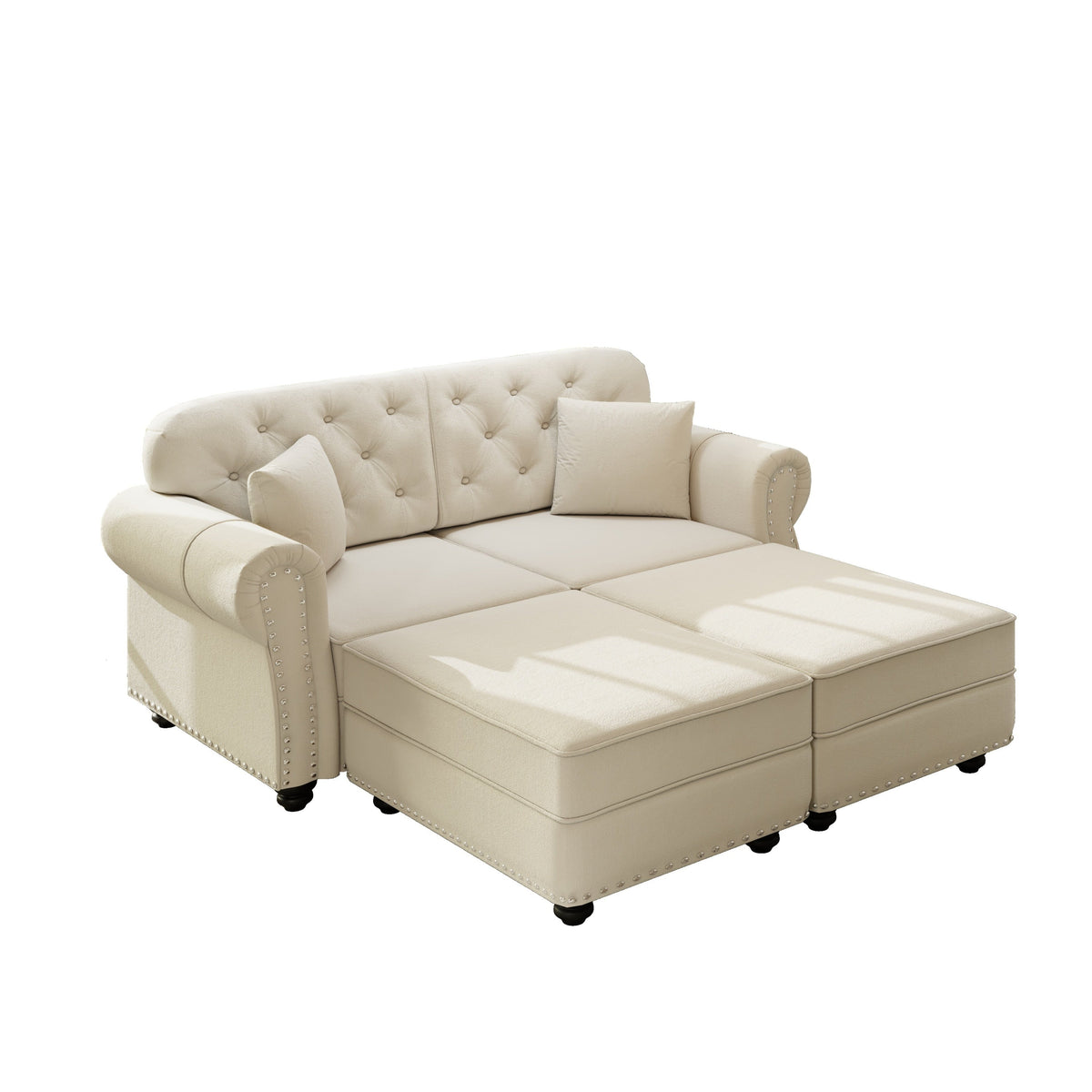 63'Upholstered Velvet Sofa with Nailhead Trim and Rolled Armrests,Mid-Century Modern Chesterfield Sofa with Button Tufted,Includes 2 Pillows,Beige/White