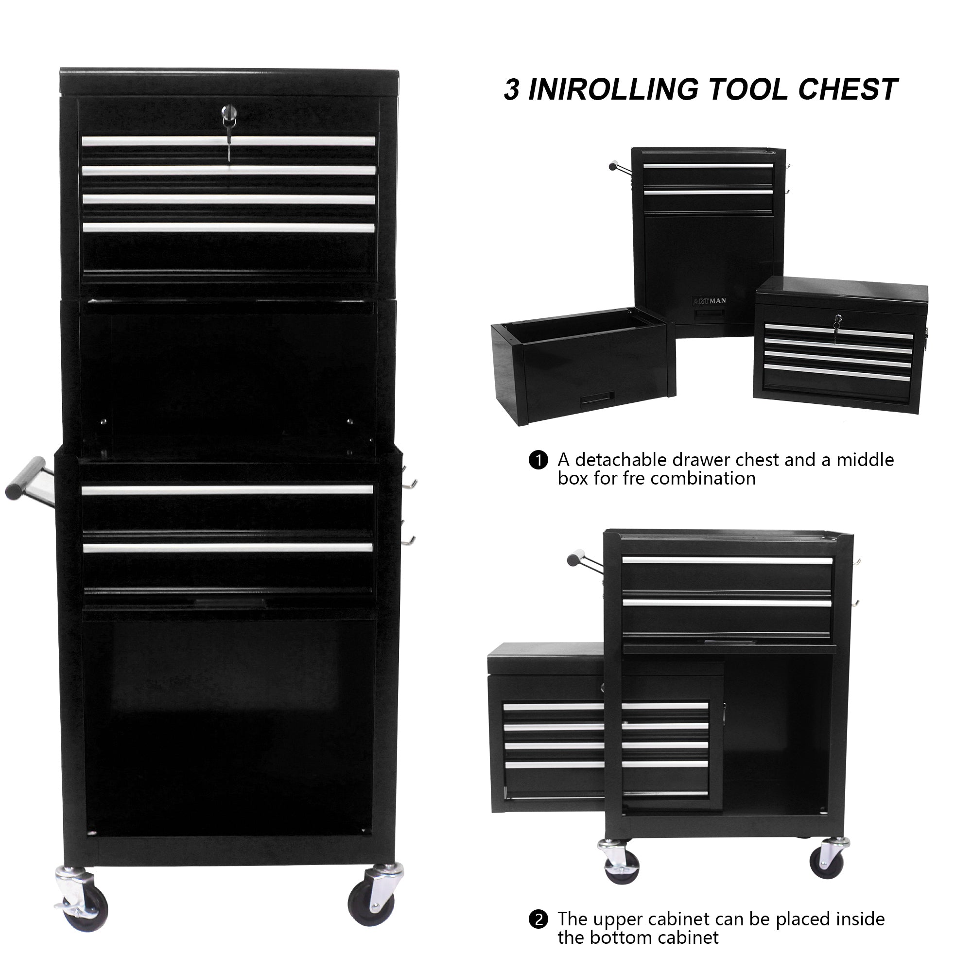 Side pull handle detail on rolling tool cabinet