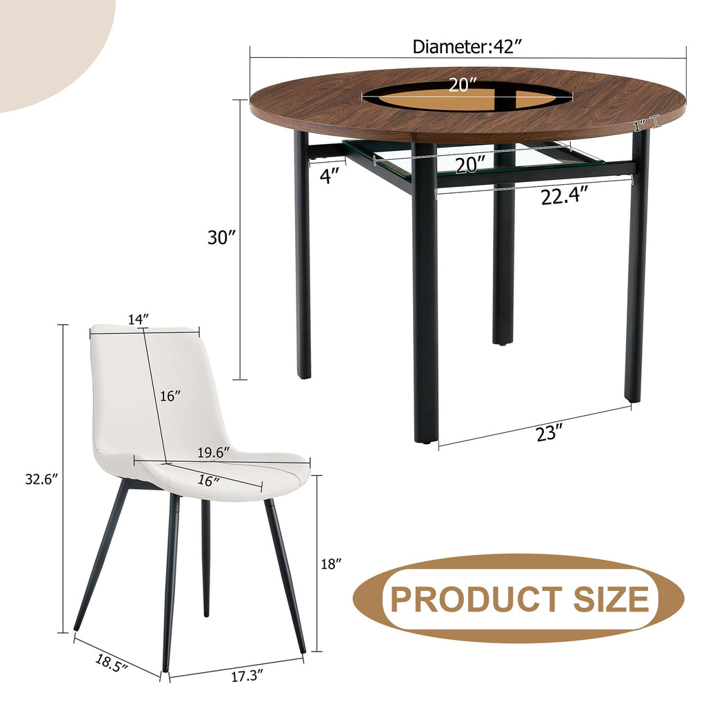 Table and chair set.42 inch modern minimalist brown wood grain round dining table set.Paired with 6 Black Artificial PU Chairs With Curved Widened Cushion Design. Suitable for dining rooms,office,etc.