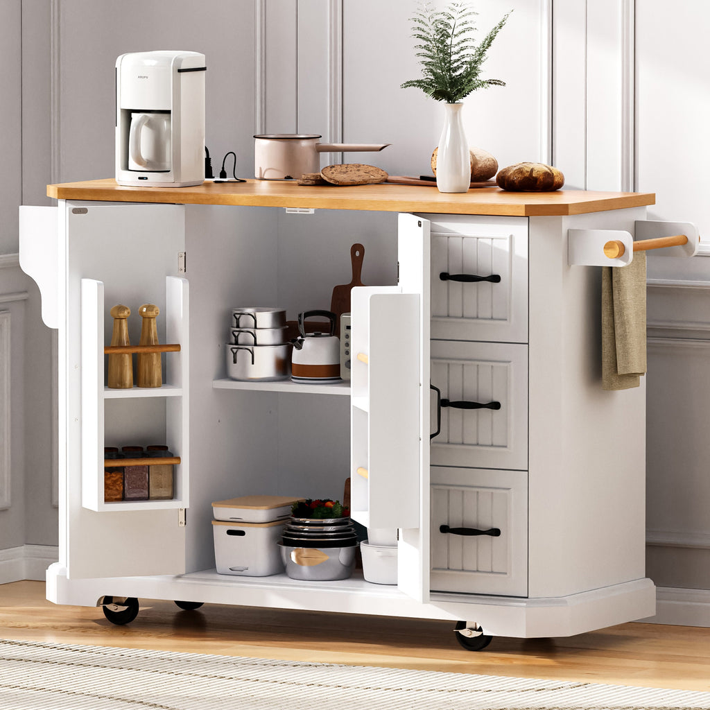 K&K 56 inch Kitchen Island with Rubber Wood Veneer Drop Leaf, Power Outlet, 4 Door Shelves, Embossed Vertical Stripe Rolling Kitchen Cart on 4 Wheels with 6 Deep Drawers for Kitchen, Dining Room,Black