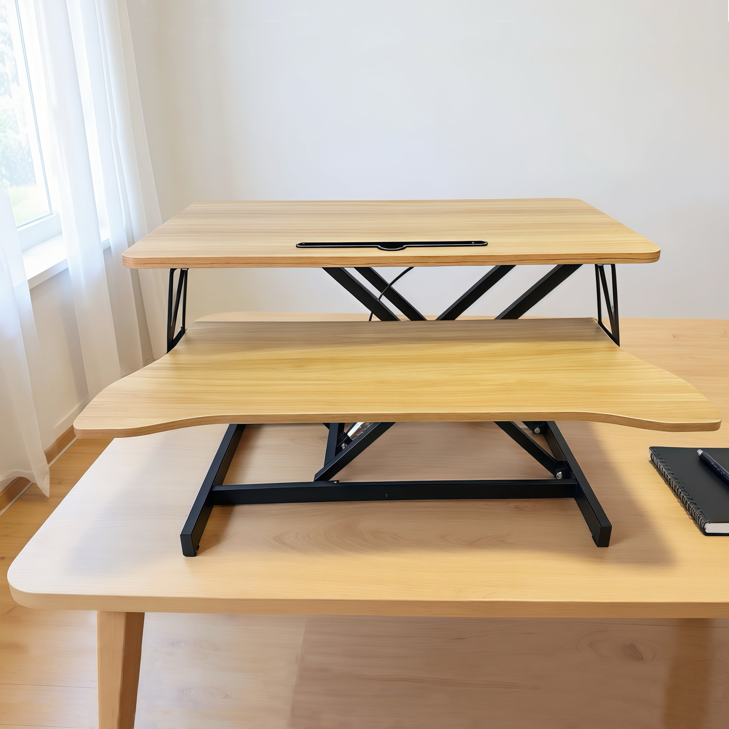 32 Inch Desk Converter, Height Adjustable Sit to Stand Riser, Dual Monitor and Laptop Workstation with Wide Keyboard Tray, Walnut Color