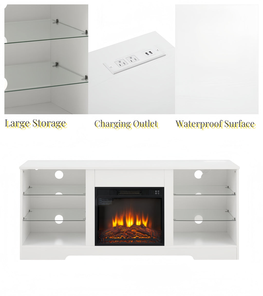 TV Stand with Electric Fireplace — Glass Shelves & USB Outlets for TVs Up to 62"