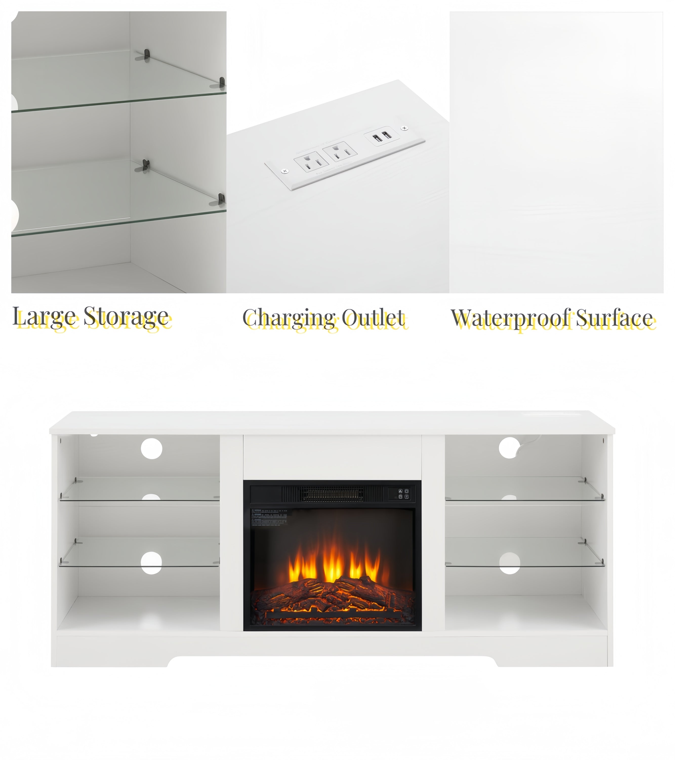 TV Stand with Electric Fireplace — Glass Shelves & USB Outlets for TVs Up to 62"