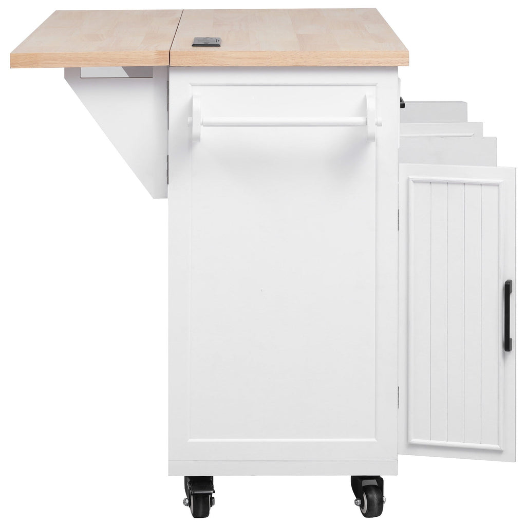 K&K 56.5'' Kitchen Island with Drop Leaf, Power Outlet, Embossed Vertical Stripe Rolling Kitchen Cart on Wheels with 4 Doors , 5 Deep Drawers and Adjustable Shelves, for Kitchen, Dining Room, Black
