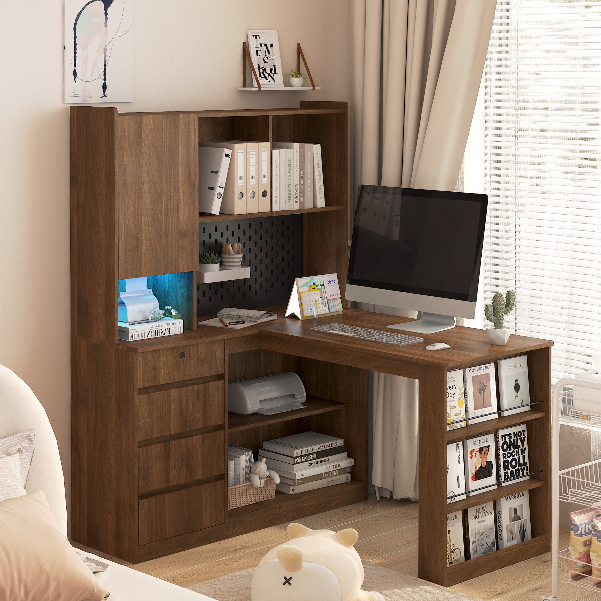 Wood-tone corner desk with charging station and LED light