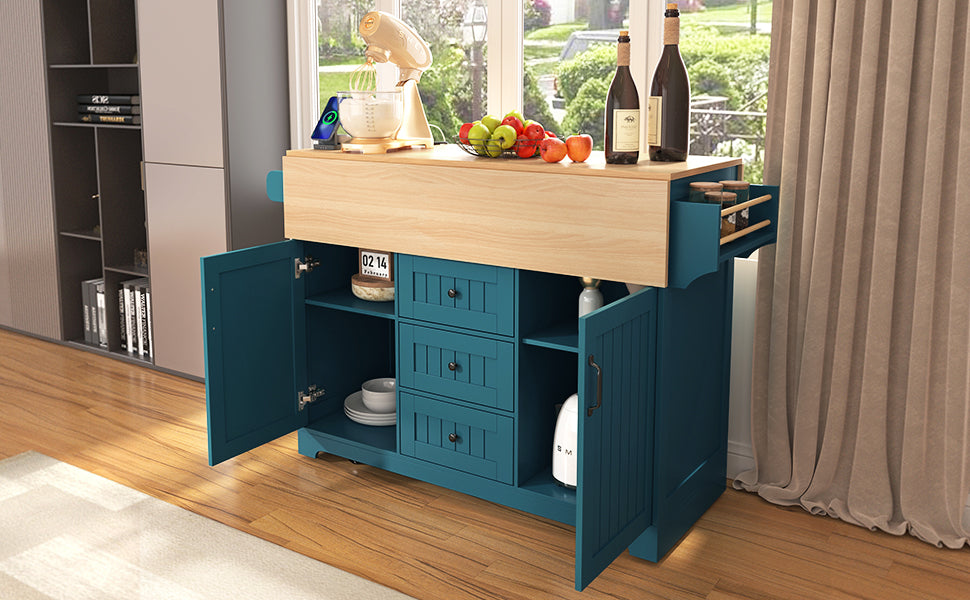 K&K 55.7'' Large Kitchen Island with 2 Drop Leaf,, Rolling Kitchen Cart on 5 Wheels with Power Outlet, Folding Storage Dining Table with Spice & Towel Rack , 3 Drawers, for Kitchen, Dining Room,Black
