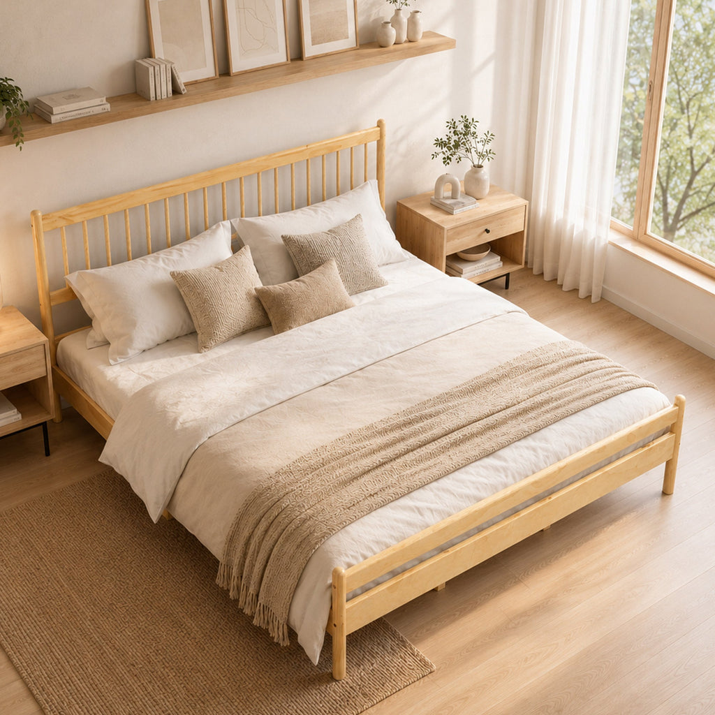 Traditional Style King Size Bed with Headboard and Footboard, Pinewood Bed with Strengthened Bed Frame,Walnut
