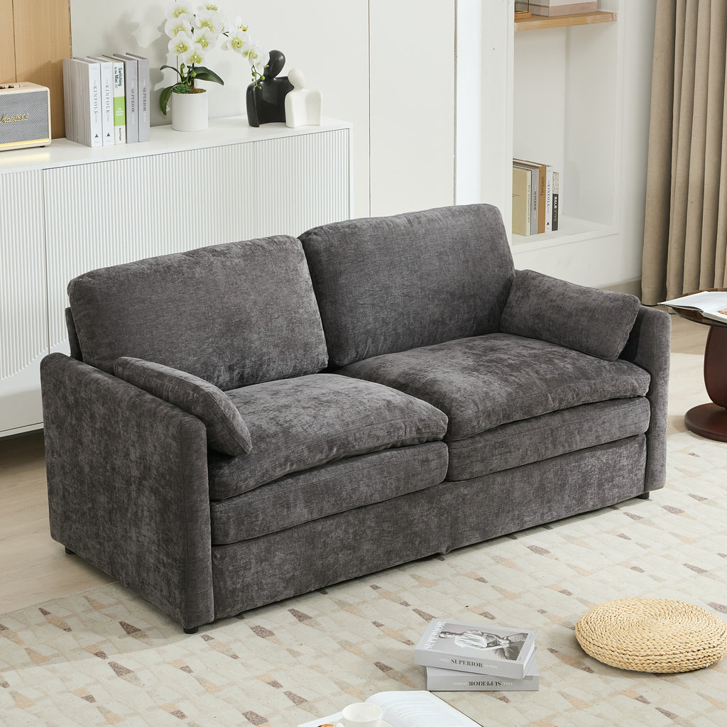 Gray chenille loveseat with rolled arms — angle view