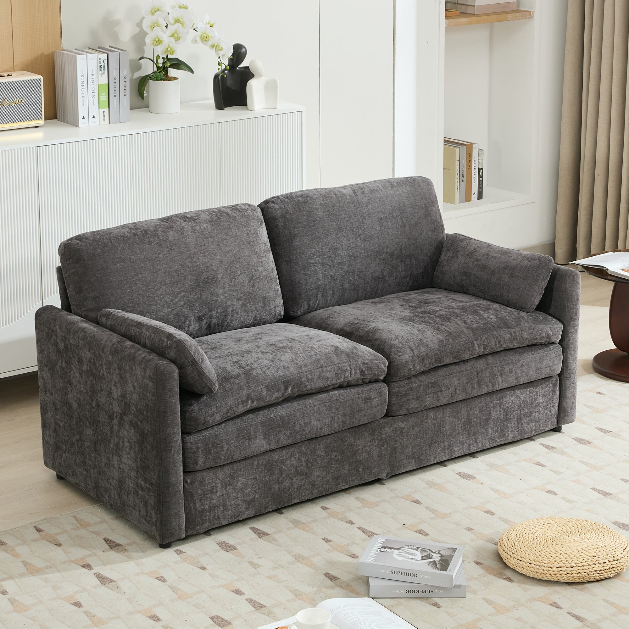 Gray chenille loveseat with rolled arms — angle view