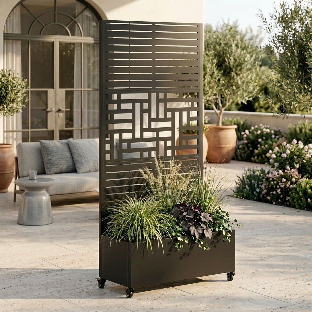 Metal Planter Box with Trellis, 73'x35'x16 Metal Raised Garden Bed with Trellis, Metal Planter Box with Drainage Holes & Lockable Wheels & Privacy Screen for Climbing Plants, Vegetables, Vines
