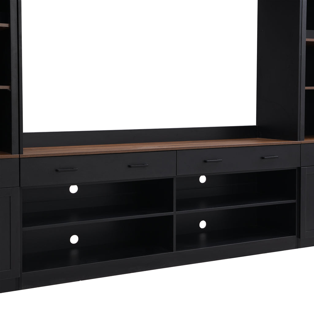 Farmhouse TV stand drawer and open shelf storage view