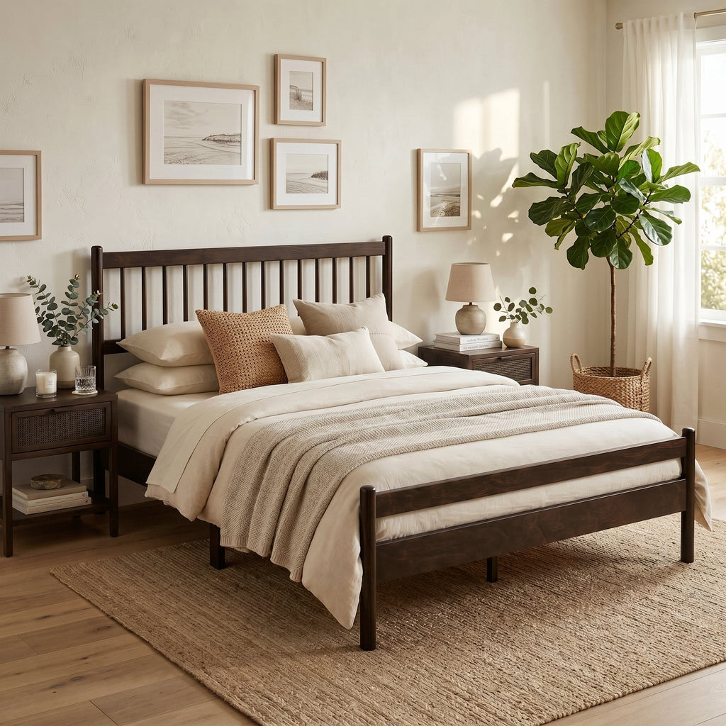 Traditional Style Queen Size Bed with Headboard and Footboard, Pinewood Bed with Strengthened Bed Frame ,Walnut