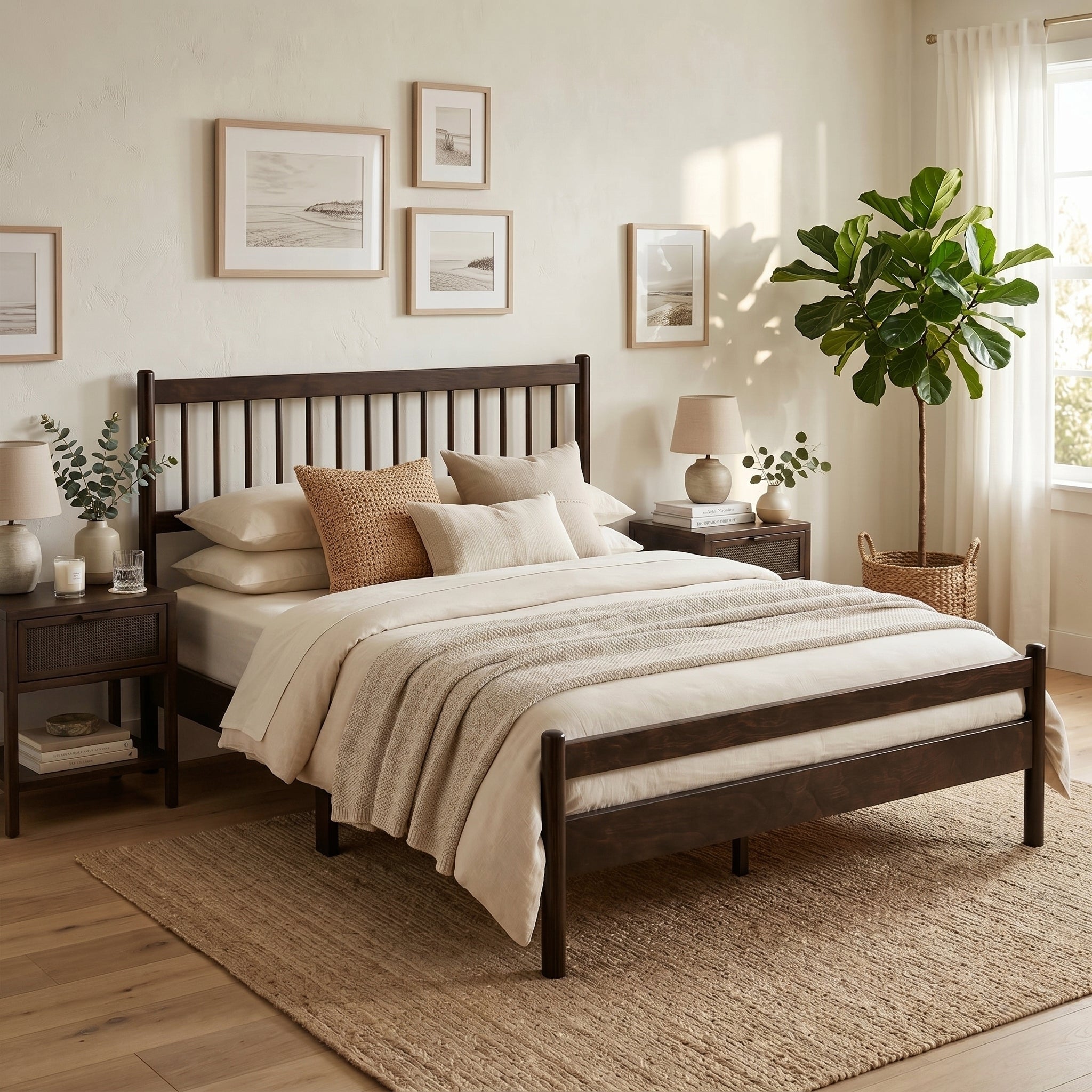Traditional Style Queen Size Bed with Headboard and Footboard, Pinewood Bed with Strengthened Bed Frame ,Walnut