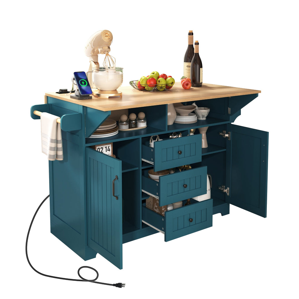 K&K 55.7'' Large Kitchen Island with 2 Drop Leaf,, Rolling Kitchen Cart on 5 Wheels with Power Outlet, Folding Storage Dining Table with Spice & Towel Rack , 3 Drawers, for Kitchen, Dining Room,Black