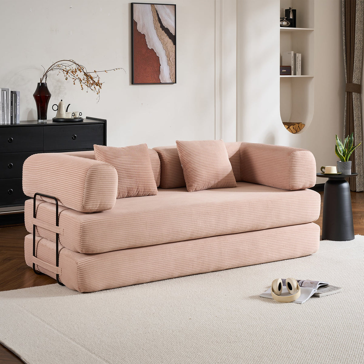 Convertible Sleeper Sofa Bed with Cylindrical Pillow, Corduroy Folding Mattress Couch with Fixed-Shape Frame, Floor Sofa Lounge Couch for Living Room Bedroom Black