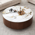 Walnut round storage coffee table gold nero faux marble top — front view