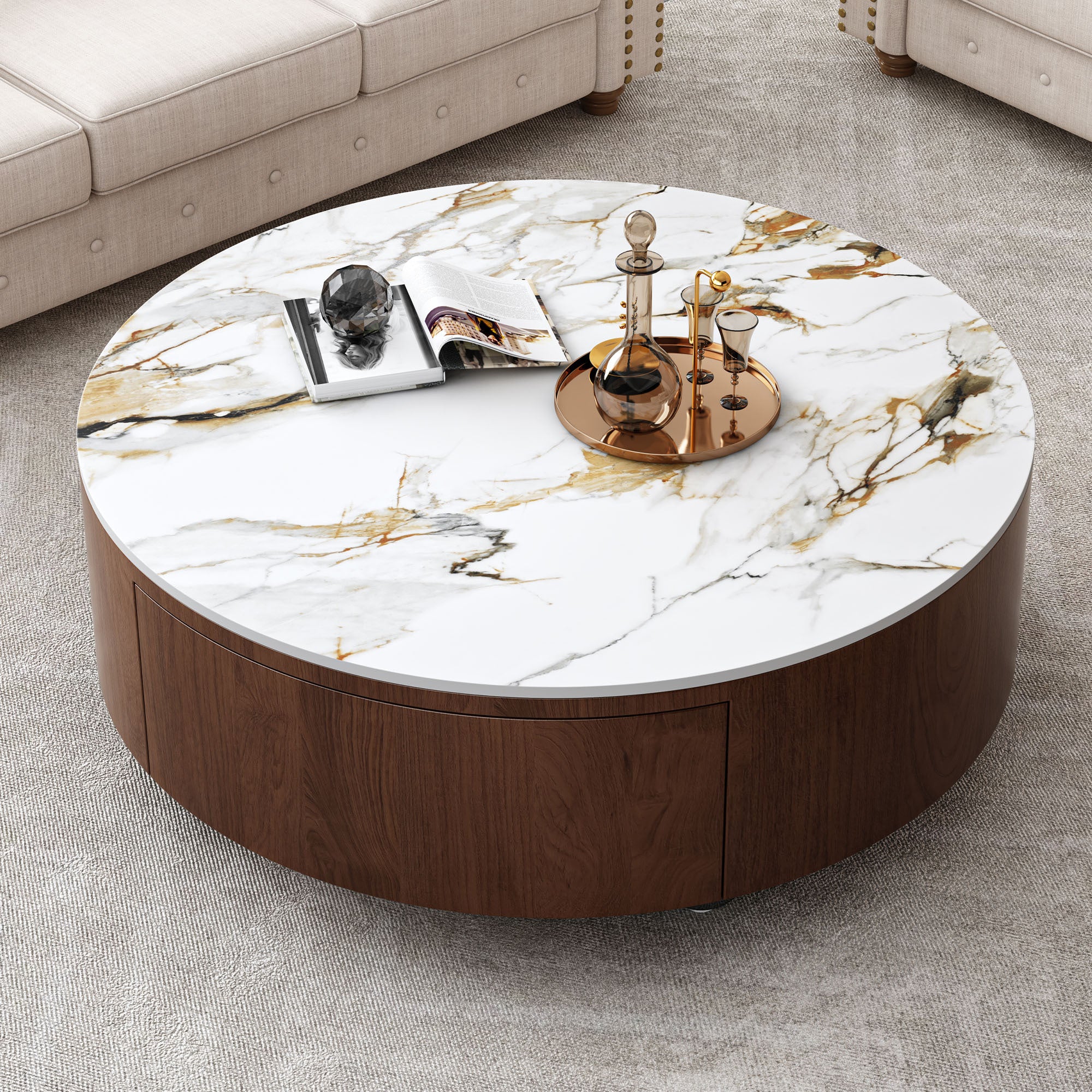 Walnut round storage coffee table gold nero faux marble top — front view
