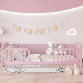 Twin Size Floor Fence Bed with Central Entrance,Pine Wood Floor bed with Guardrails,Pink