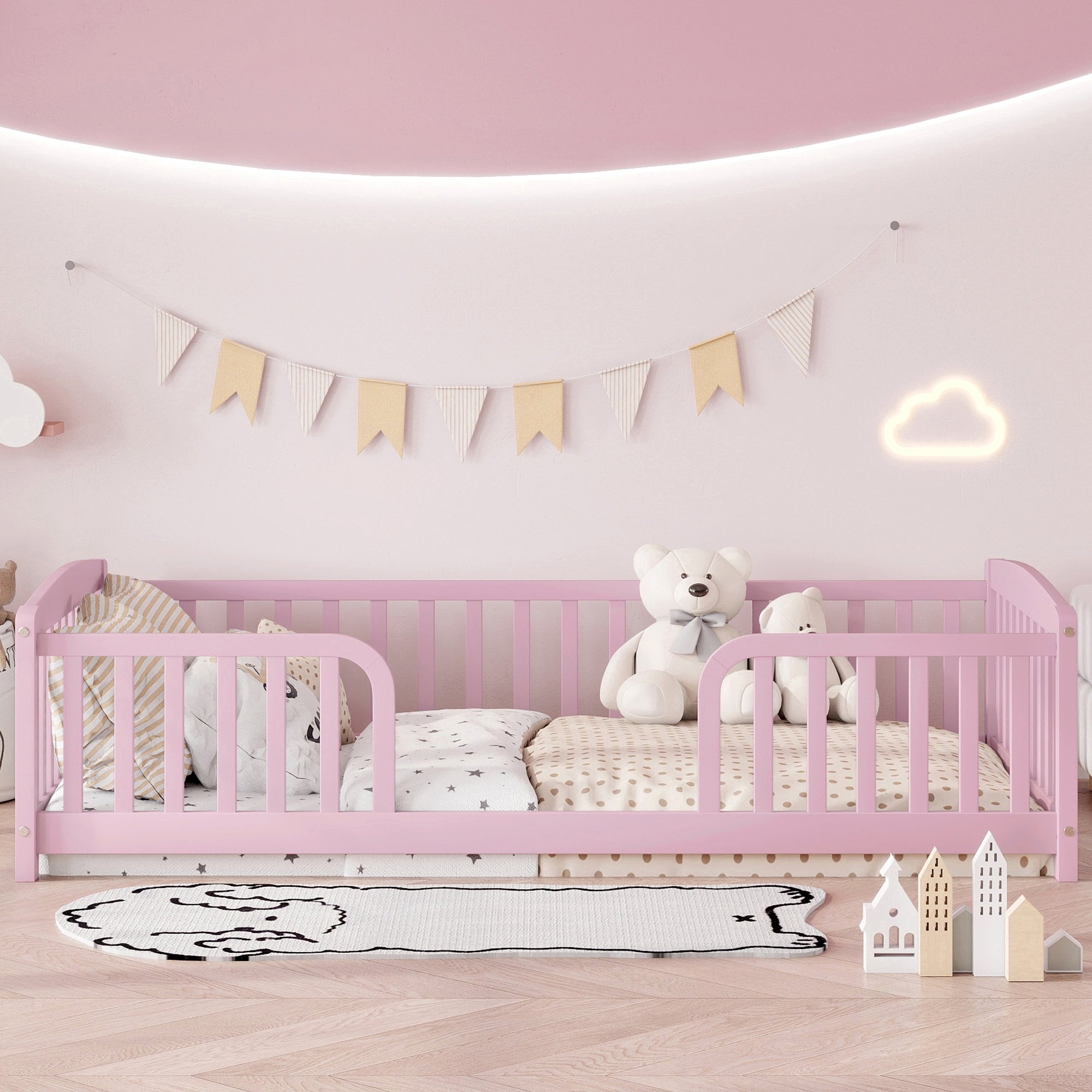 Twin Size Floor Fence Bed with Central Entrance,Pine Wood Floor bed with Guardrails,Pink