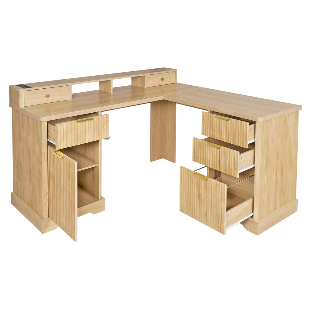 Fluted L-Shaped Desk with Charging Station, Monitor Stand & File Drawer — 59-Inch