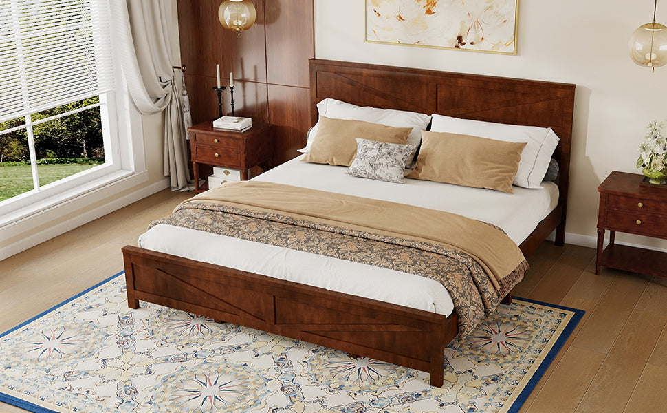 Farmhouse Style King Size Bed with Barn Door Designed Headboard and Footboard, Pinewood Bed with Strengthened Bed Frame,White