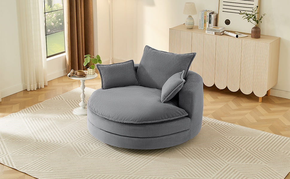 Blue Corduroy 360° Swivel Barrel Accent Chair with Dual-Layer Cushion & 3 Pillows