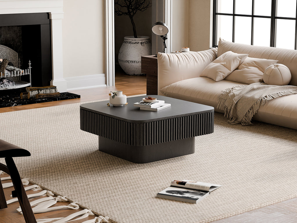 31.5'' Square Coffee Table with Storage Solid Wood Veneered Modern Coffee Table Accent Tea Table for Living Room, Bedroom, Apartment or Office, Natural Wood