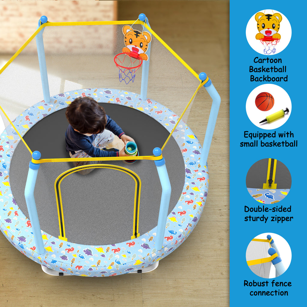 Blue forest pattern toddler trampoline safety enclosure net — angle view