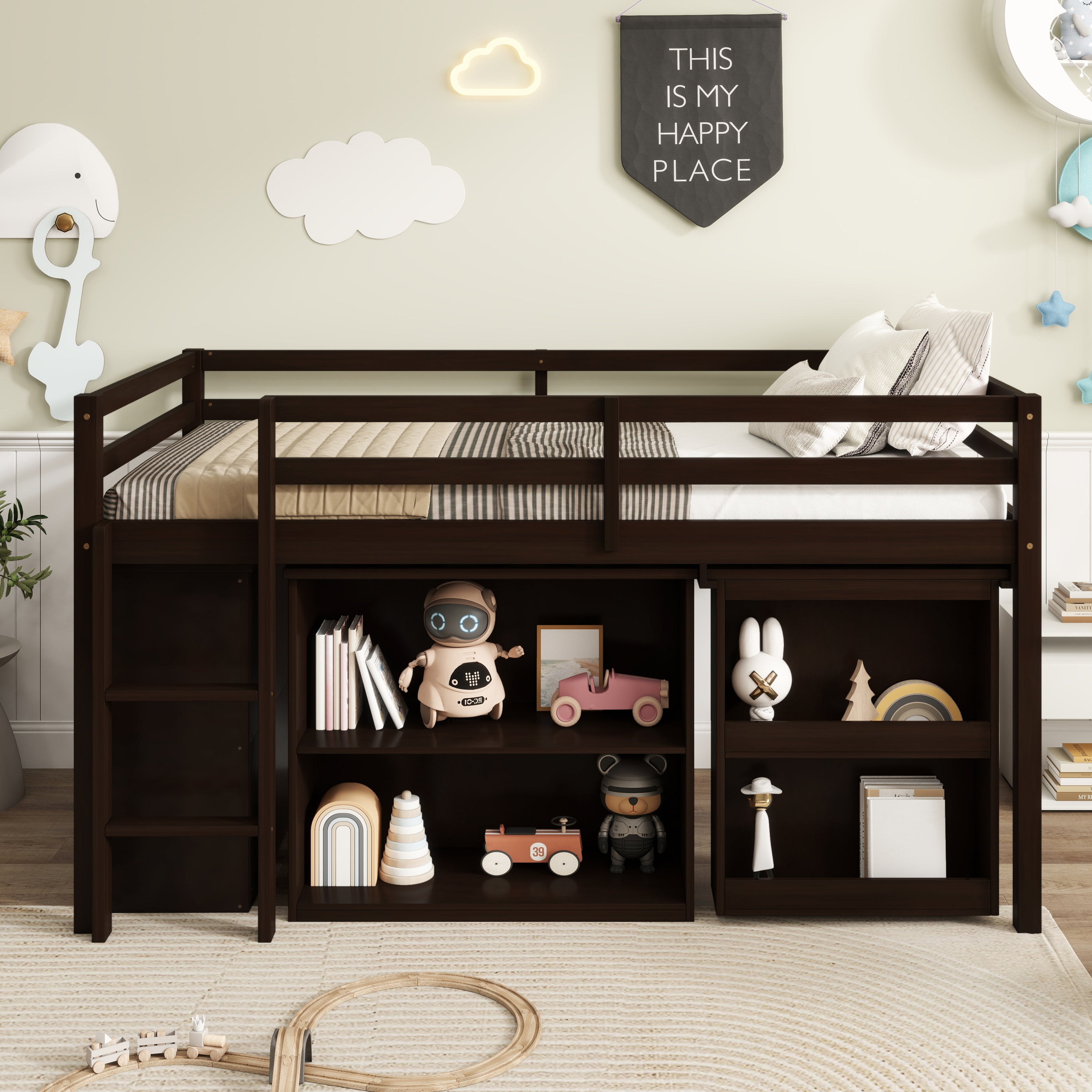Twin Loft Bed with ,Drawer Cabinet, Shelf Cabinet and Pulling -Out Desk,Rubber Wood Loft Bed with Safety Guardrail ,Ladder,Espresso