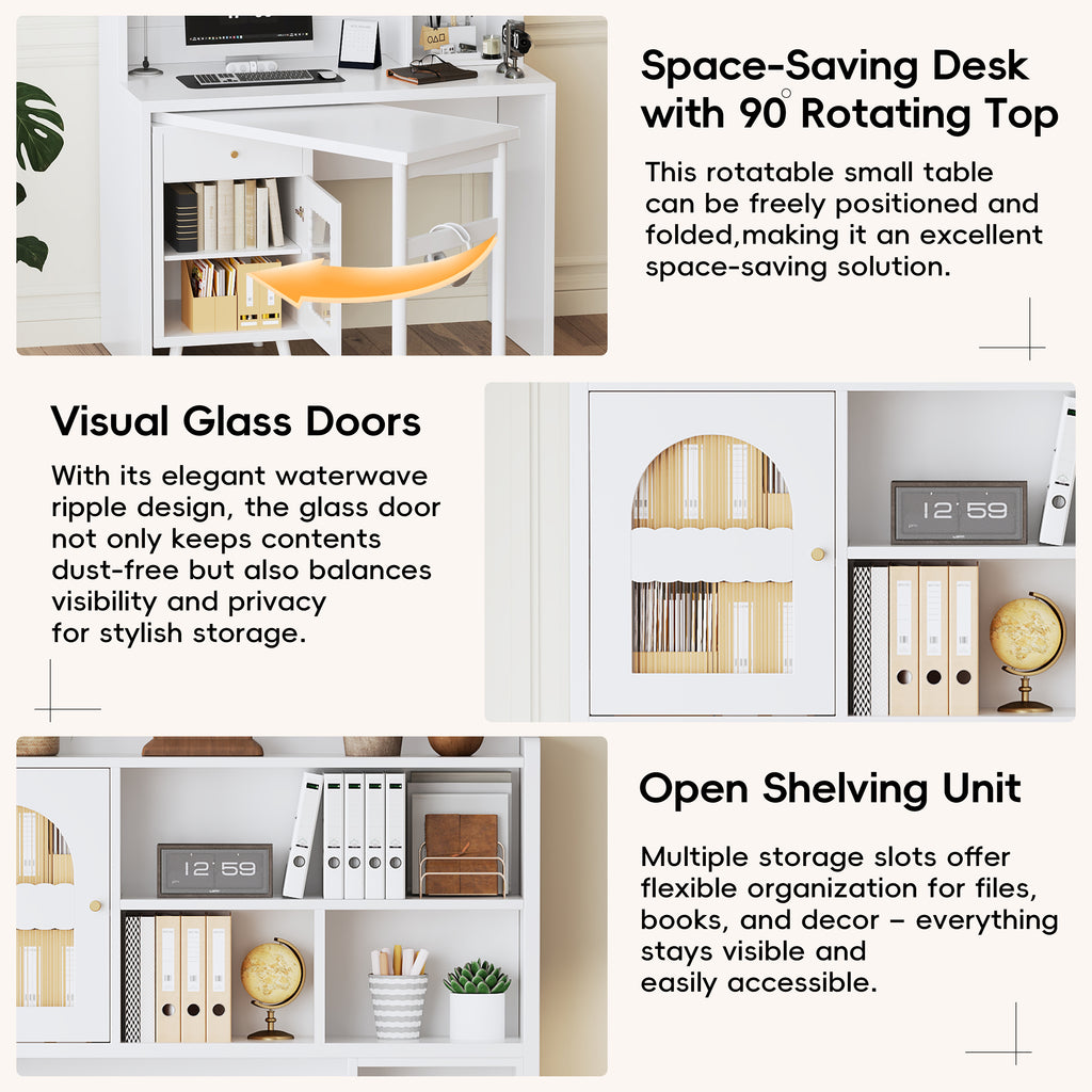 Rotating desktop computer desk space-saving folded configuration