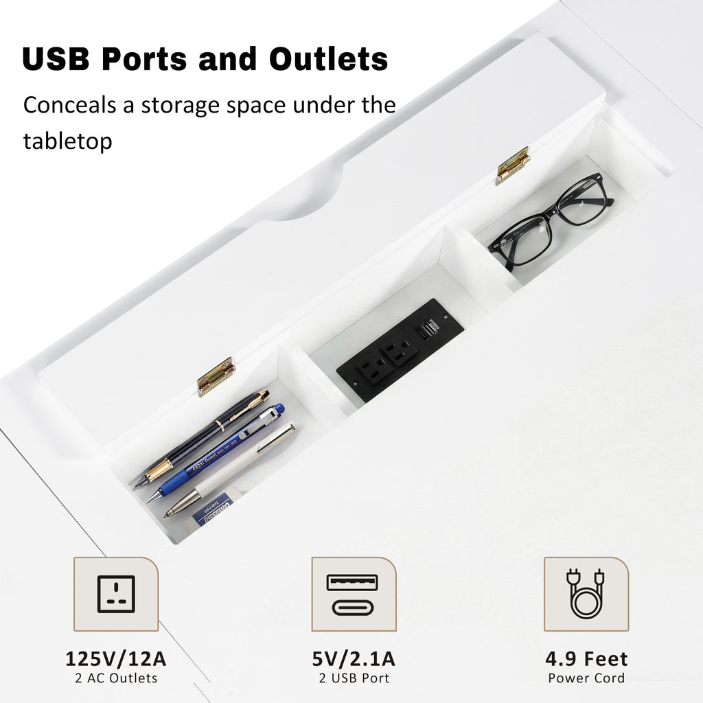 Built-in USB ports and power outlets on white executive desk