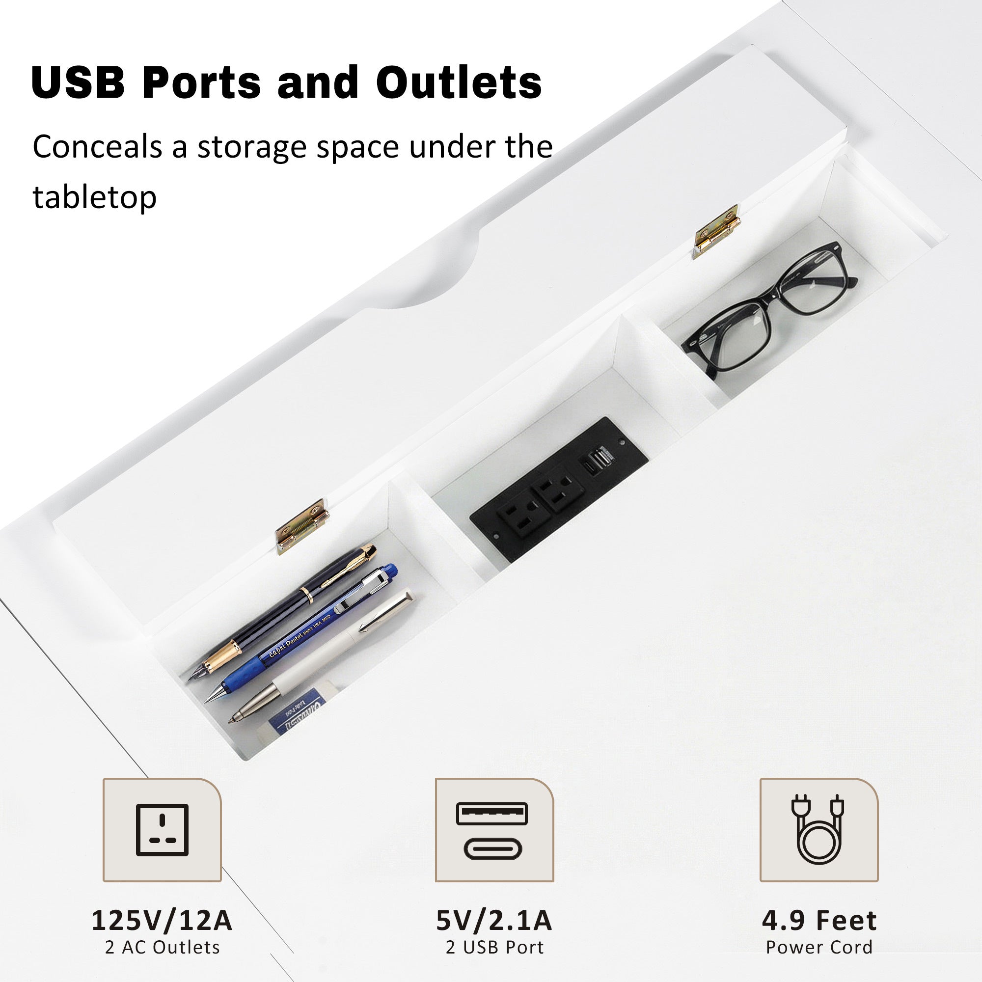 Built-in USB ports and power outlets on white executive desk