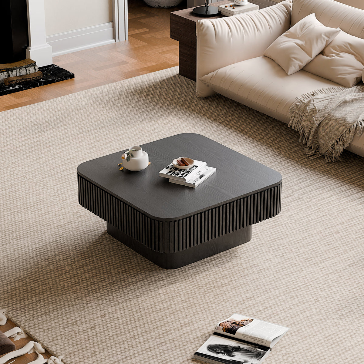 31.5'' Square Coffee Table with Storage Solid Wood Veneered Modern Coffee Table Accent Tea Table for Living Room, Bedroom, Apartment or Office, Natural Wood
