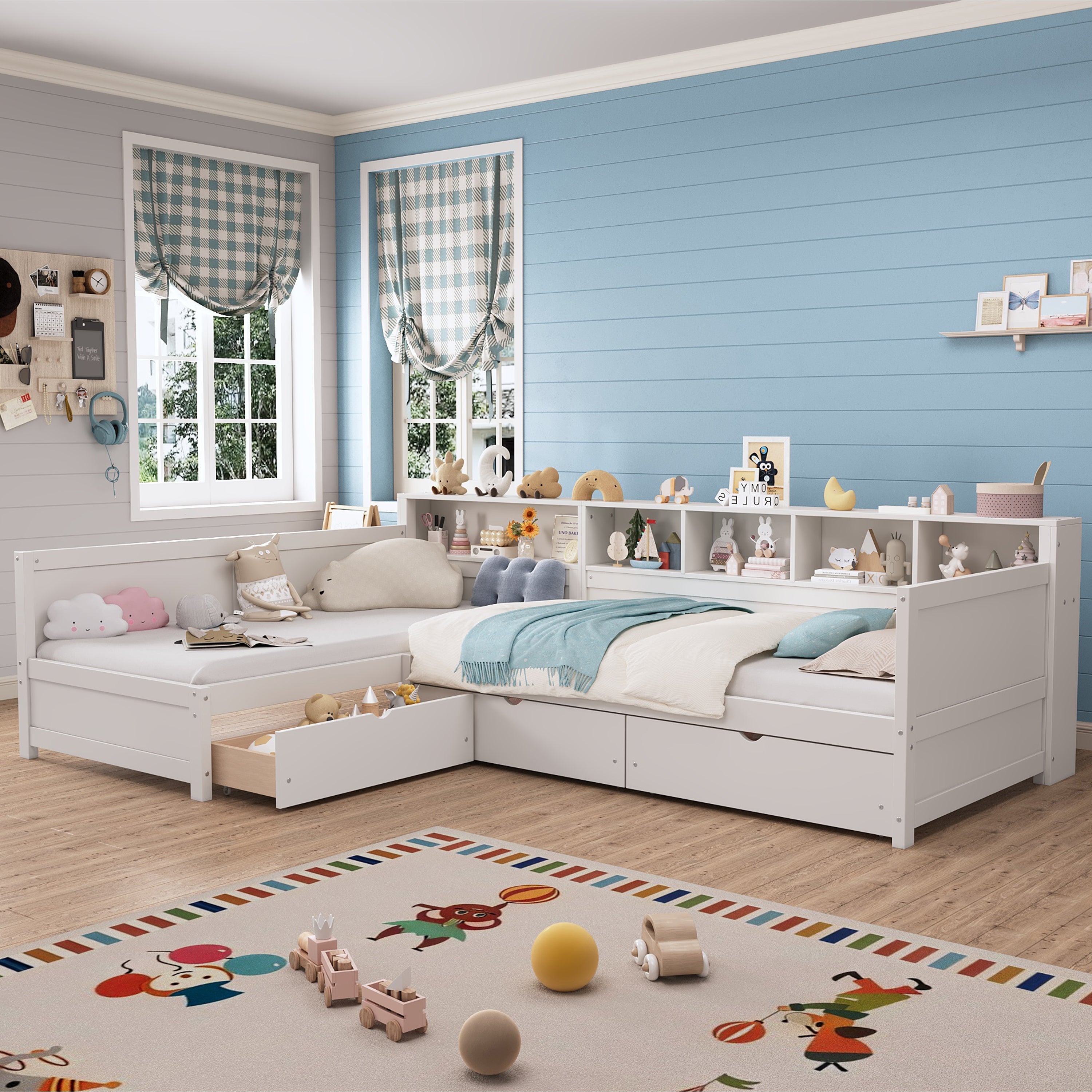 Twin Size Day Bed for 2, L- Shape Twin Size Bed Frame with Storage 3 Drawers, Wooden Corner Bed with Bookshelf, Corner Bed Frame For Bedroom, Living Room,Grey