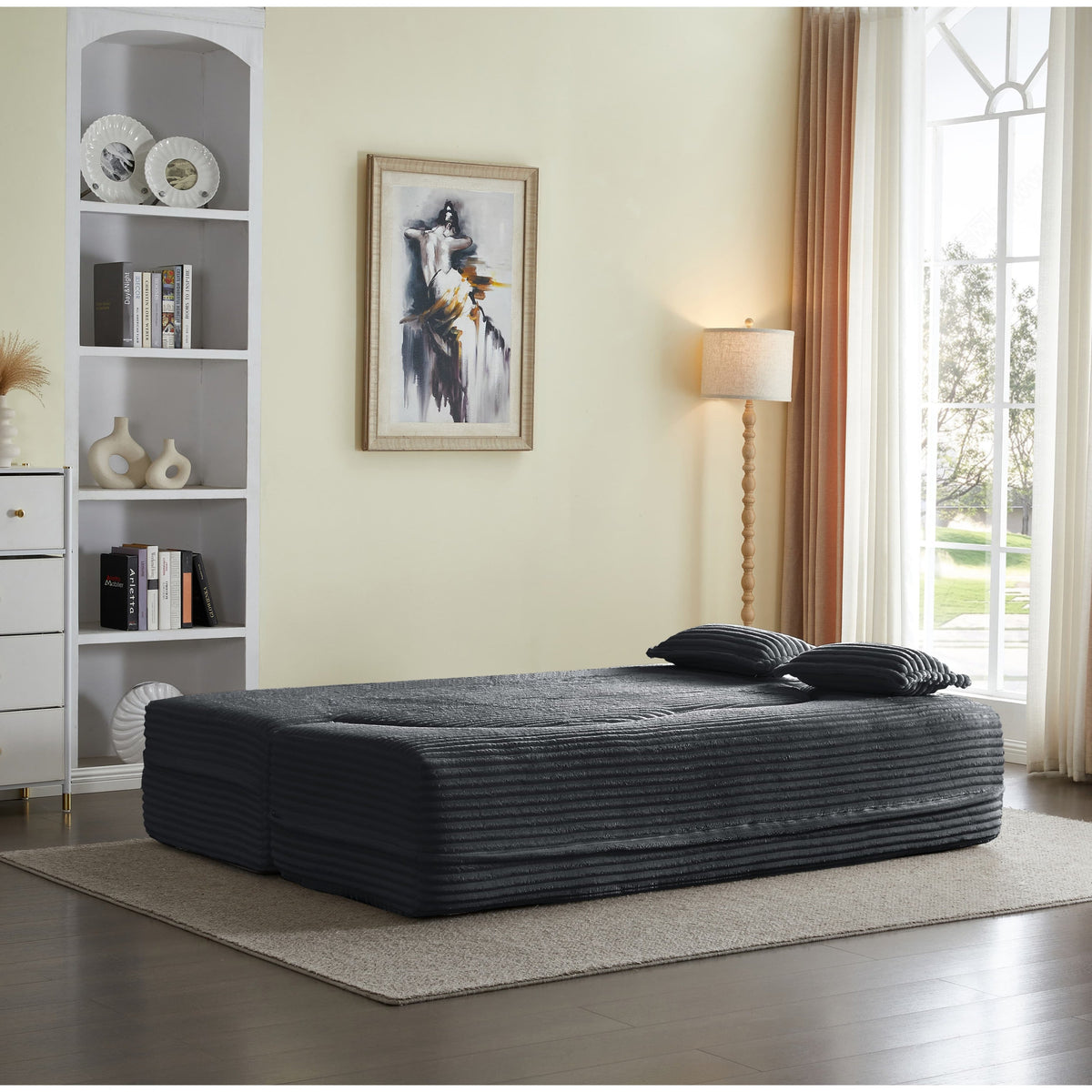 Modern Floor Sofa with 2 Pillows, Convertible Plush Corduroy Foam-Filled Sleeper Sofa Bed,15 ' Full Size Folding Mattress for Living Room, Guest Bed, no assembly required, Light Grey