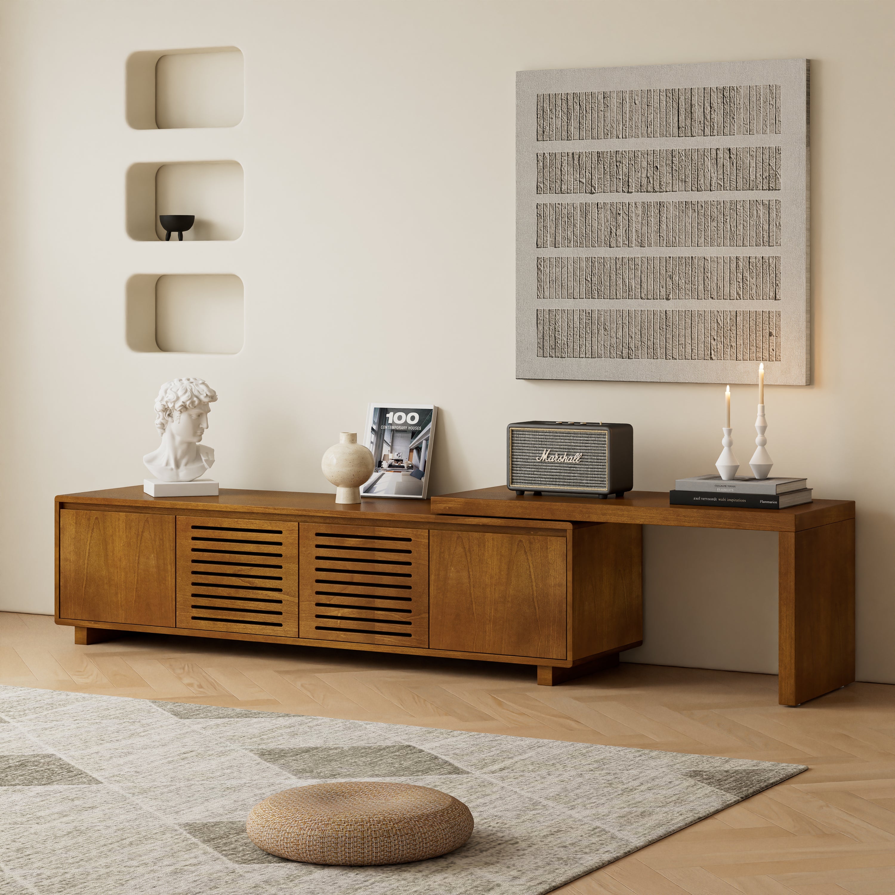 63-inch brown ebony media console with fluted vintage design
